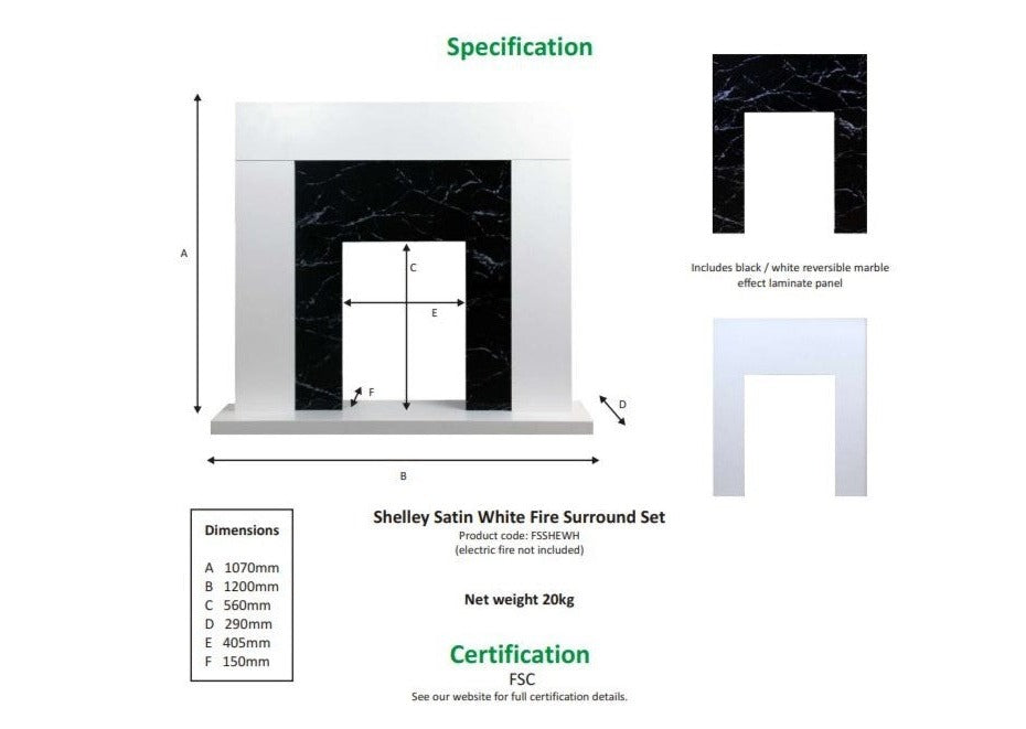White Black Marble Flat Wall 2KW Electric Fire Surround Set Complete Fireplace- with Chrome Fire
