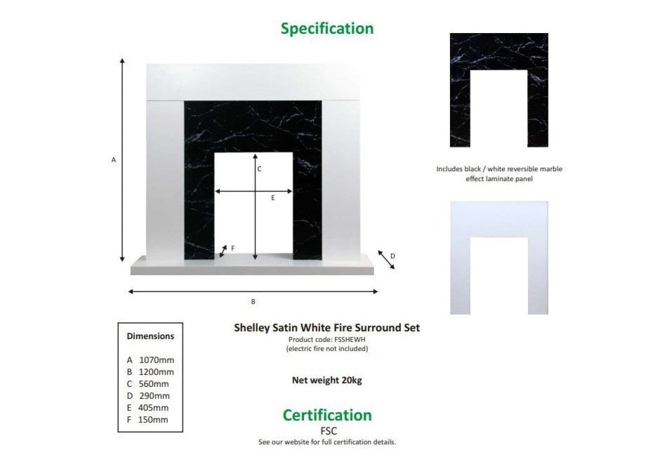 White Black Marble Flat Wall 2KW Electric Fire Surround Set Complete Fireplace- with Brushed Steel Fire