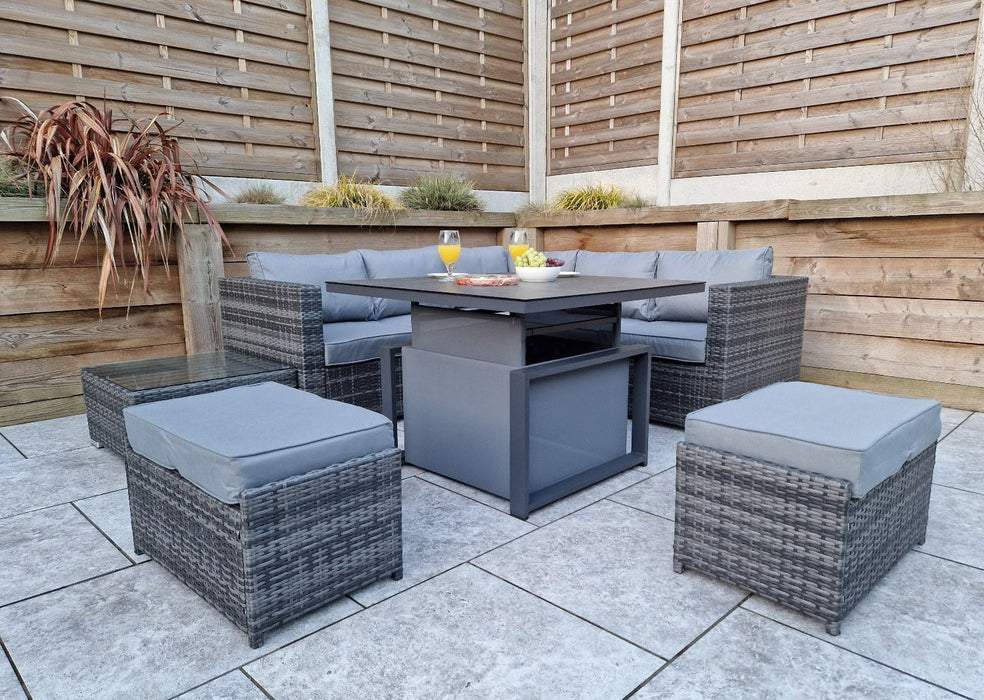 Gozo Deluxe Grey Outdoor Rattan Corner Sofa Adjustable Dining Table Set Furniture Set
