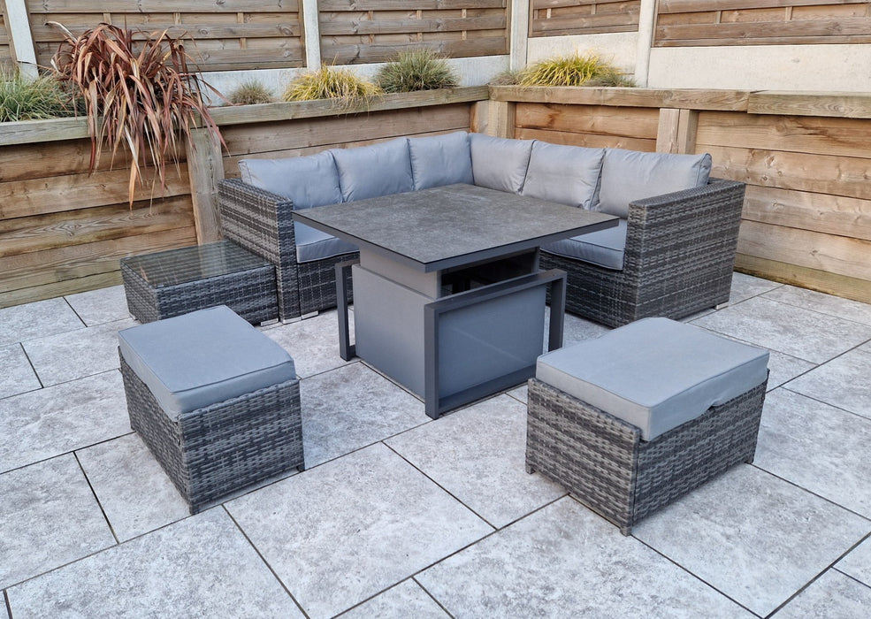 Gozo Deluxe Grey Outdoor Rattan Corner Sofa Adjustable Dining Table Set Furniture Set