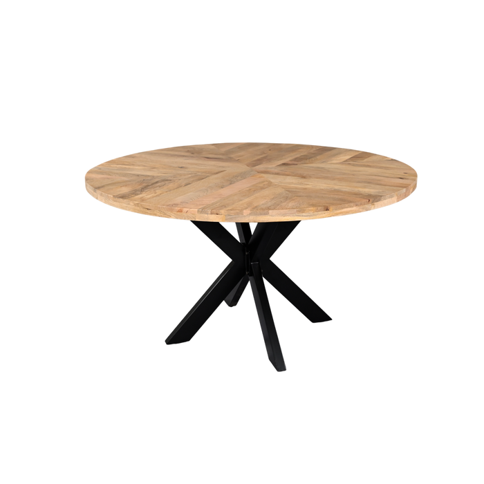 Roostwood ‘Geo’ Industrial 140cm Round Table Solid Mango Wood Black Star Metal Legs