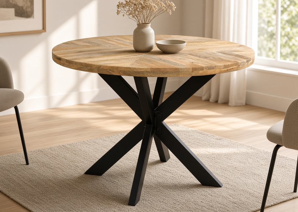 Roostwood ‘Geo’ Industrial 140cm Round Table Solid Mango Wood Black Star Metal Legs