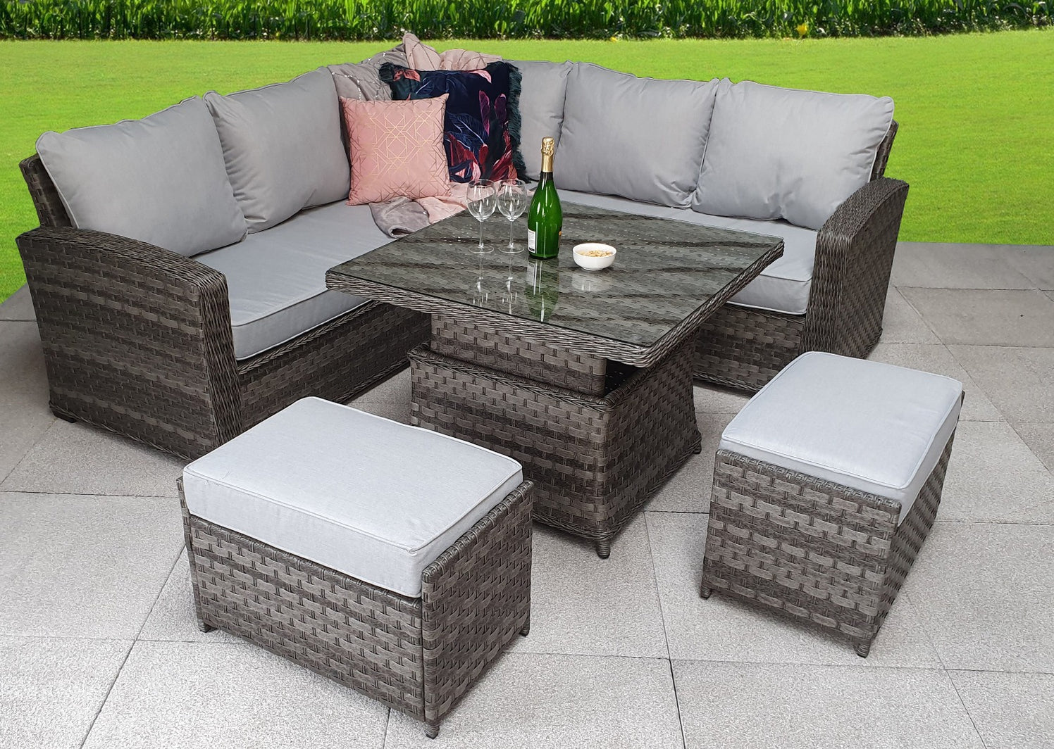 Square Rattan Corner Sofa Sets Dark Grey Rattan Rising Table Set