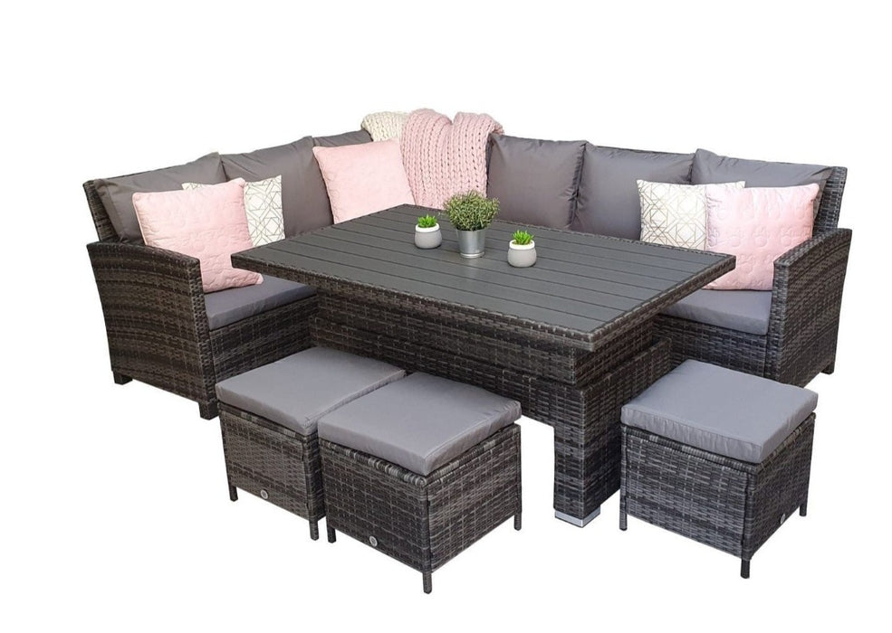 Char0309 Charllote Grey Rattan COrner Sofa with adjustable height rising dining table and stools