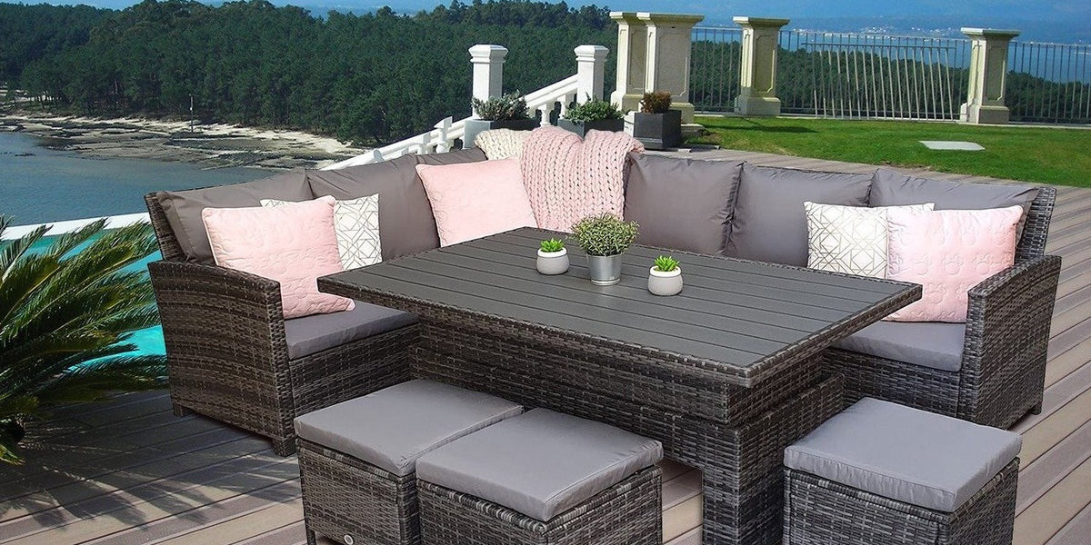 Grey Rattan Corner Sofa Rising Adjustable Height Table Furniture For The Home