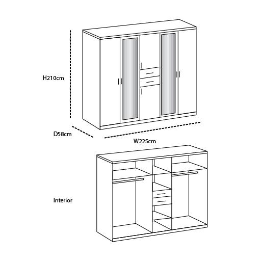 SlumberHaus Diver Modern White, Oak and Mirror 225cm Wardrobe with Drawers