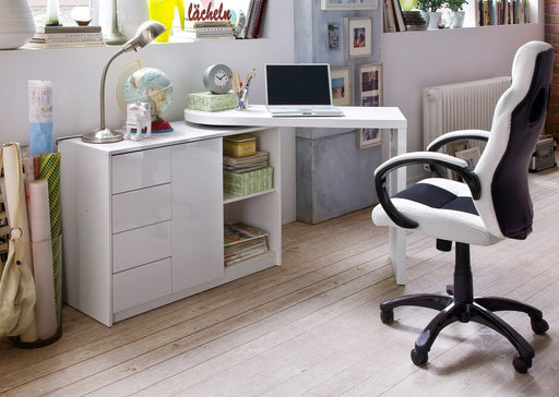 Rotating Swivel Fold Away Computer Office Desk White High Gloss with Drawers & Storage