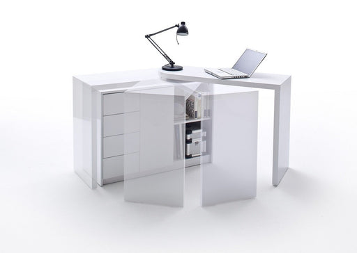 Rotating Swivel Fold Away Computer Office Desk White High Gloss with Drawers & Storage