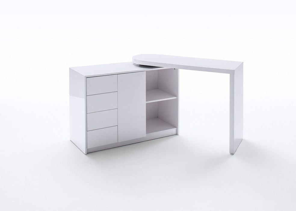 Rotating Swivel Fold Away Computer Office Desk White High Gloss with Drawers & Storage