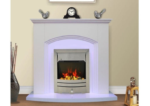 Modern White Inset Electric Fire Surround Set Complete Fireplace Package Suite- with Brushed Steel Fire