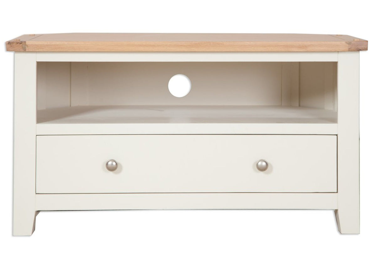 Oakwood Living Ivory Painted Oak Corner TV Unit Furniture for