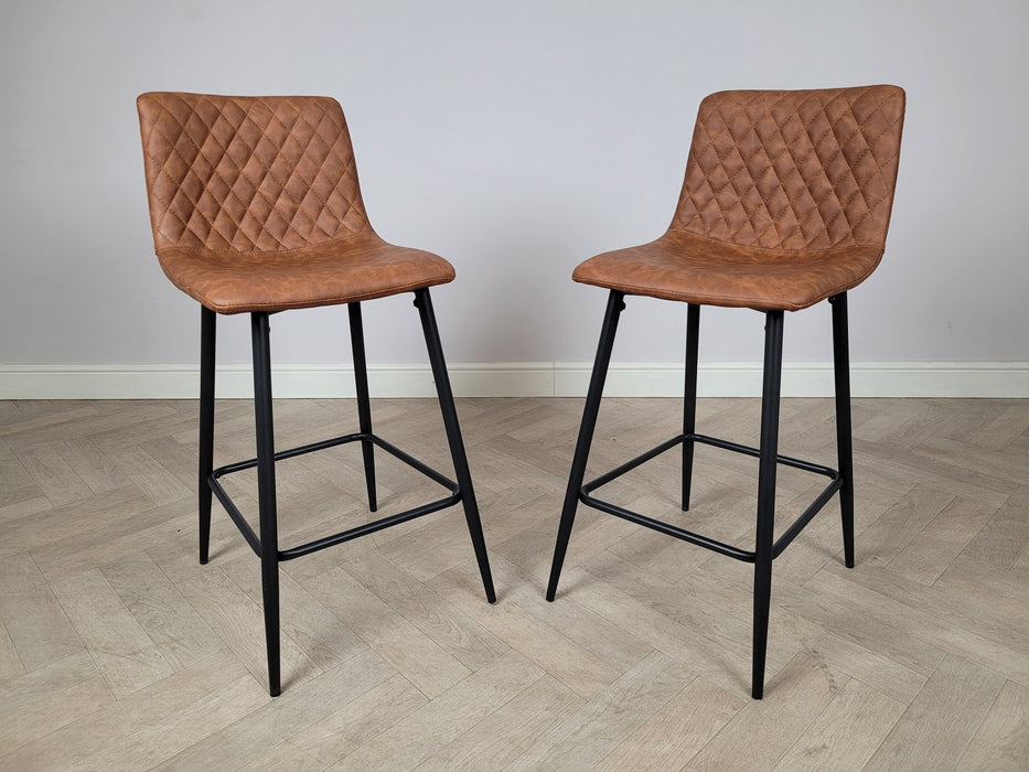 Pair of Hackney Tan PU Leather Industrial style Kitchen Breakfast Bar Stools