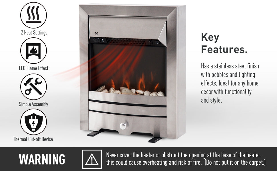 Modern Silver Stainless Brushed Steel Free Standing Inset 2KW Electric Fire