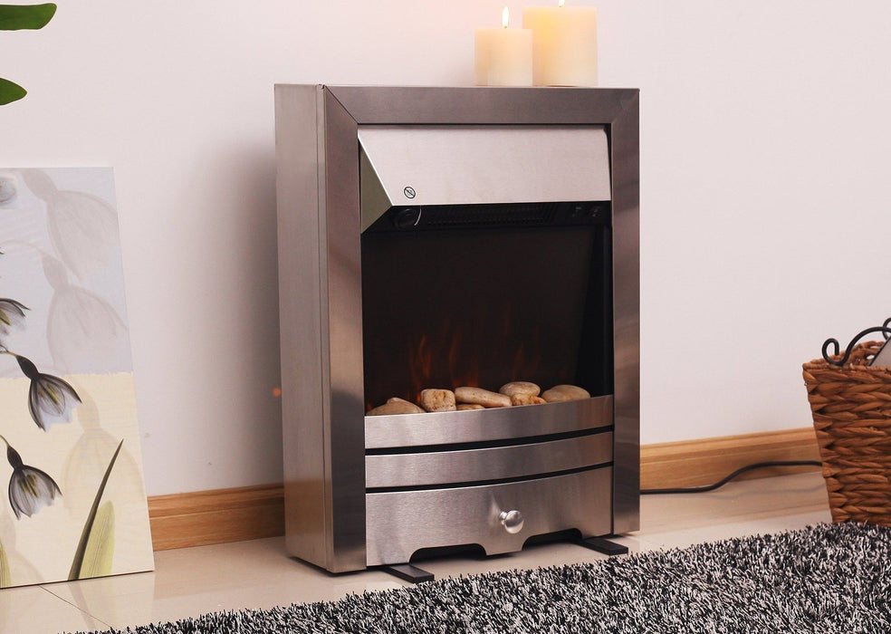 Modern Silver Stainless Brushed Steel Free Standing Inset 2KW Electric Fire