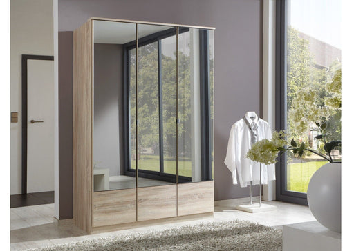 SlumberHaus 'Imago' German Made Modern Light Oak & Mirror 3 Door 135cm Wardrobe