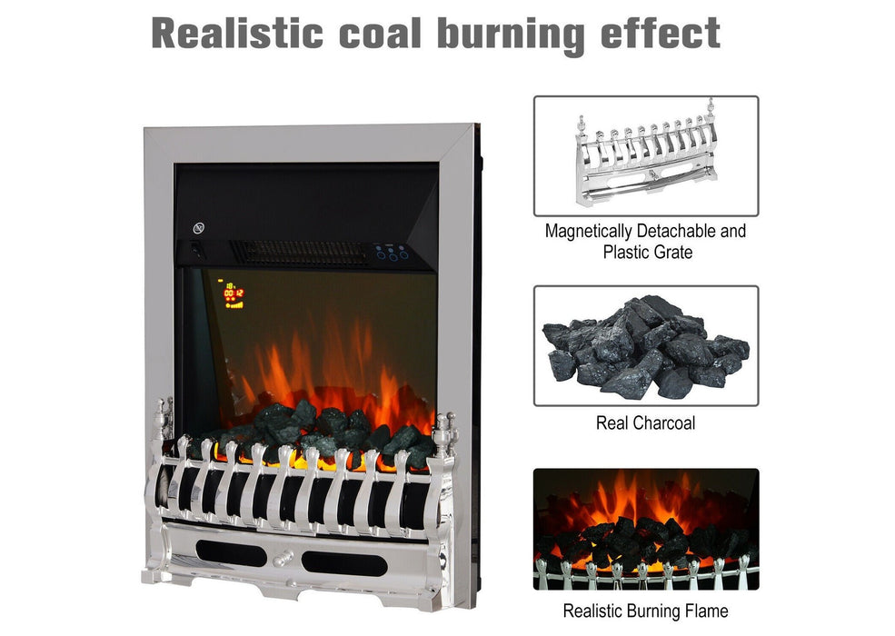 Remote Chrome Blenheim 2KW Inset Electric Fire Heater,  Coal LED Flame Effect, Complete Electric FIreplace, Silver Electric Fire, Inset Electric Heater