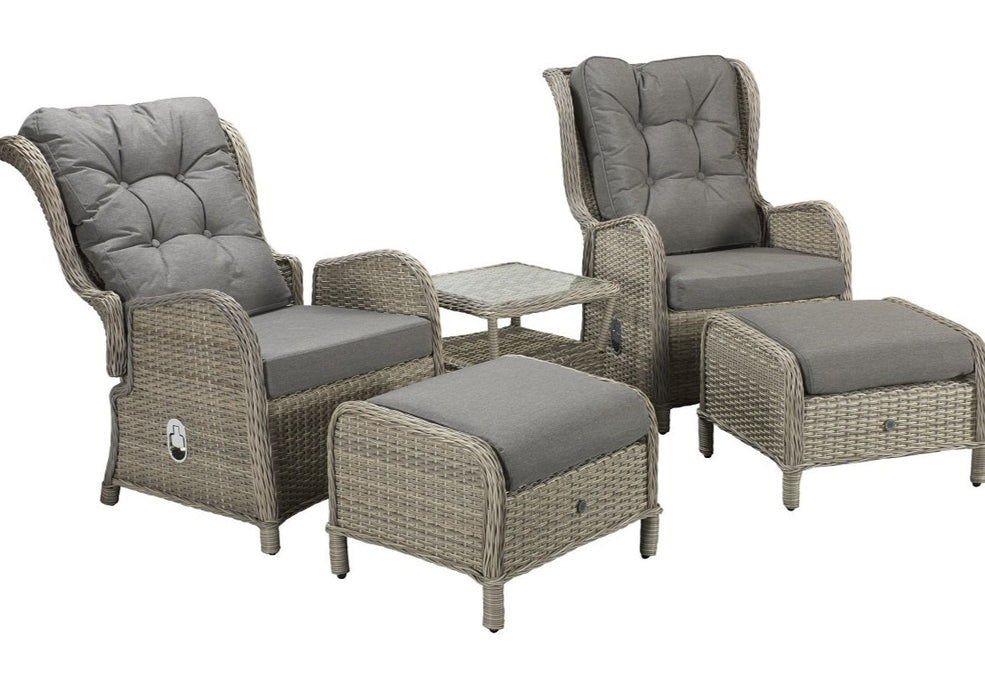 'Maldives' Rattan Reclining Armchair Set With Side Table Creamy Grey Mixed Weave Outdoor Furniture