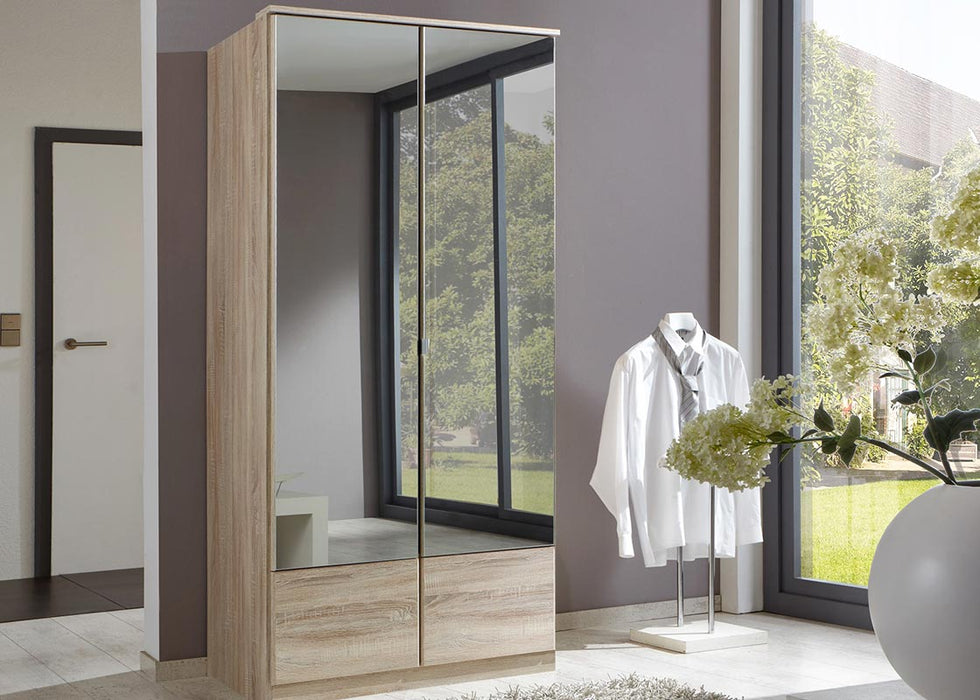 SlumberHaus 'Imago' German Made Modern Light Oak & Mirror 2 Door 90cm Wardrobe