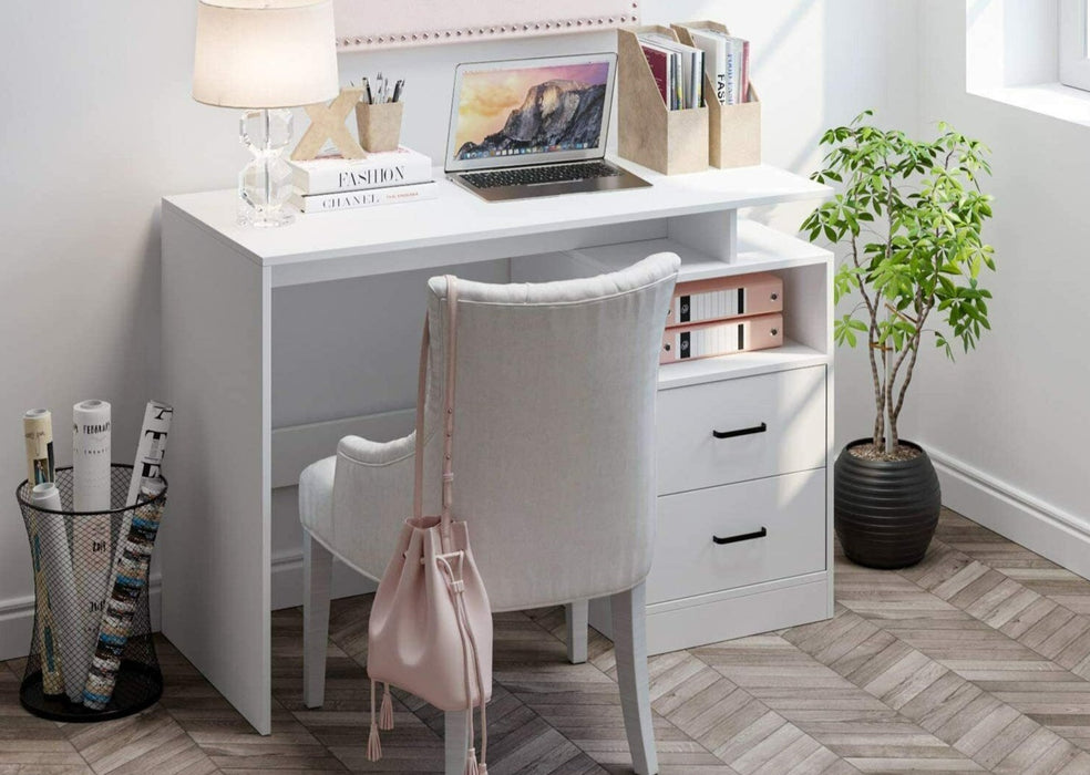 Compact White Home Office Computer Laptop Workstation Study Desk With Drawers