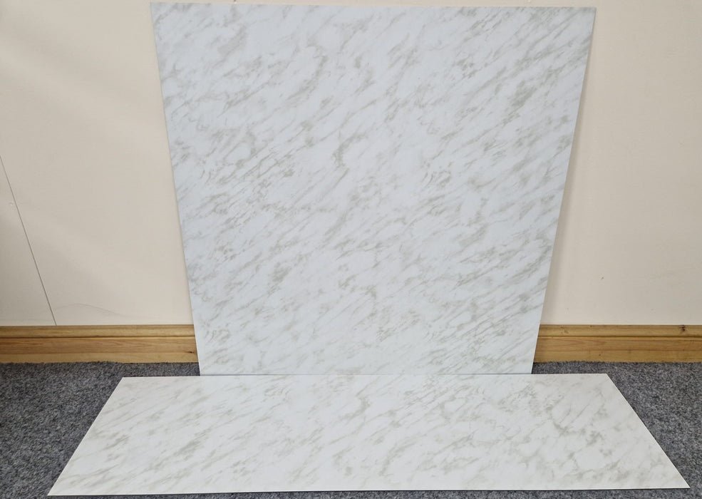 White Marble Effect HPL Laminate Fireplace Back Panel & Hearth Set