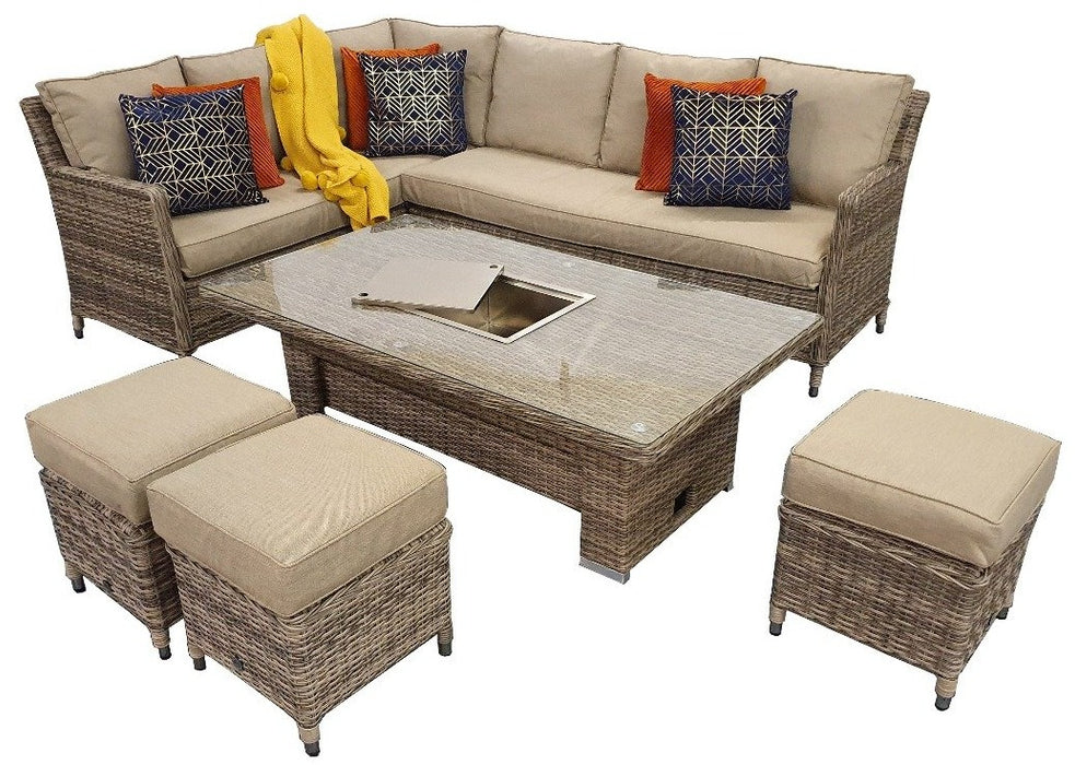 EDWI0318 'Borneo' Brown Natural Luxury Rattan Corner Sofa Set with Ice Bucket Rising Table