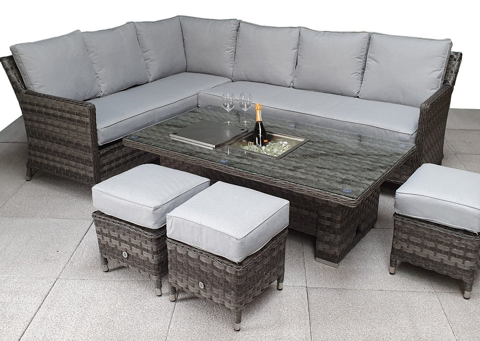 Luxury Rattan Edwina 'Algarve' Dark Grey Rattan Corner Sofa Set With Rising Table and Stools