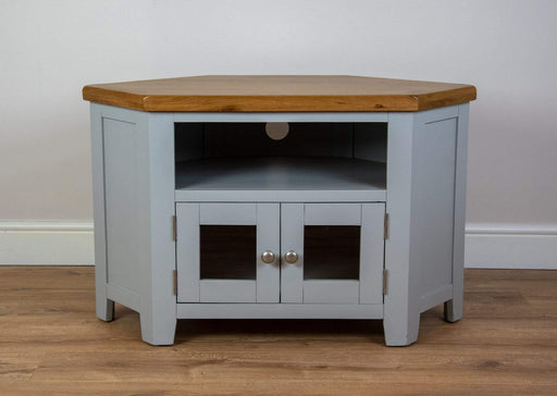 solid oak grey painted 2 glass door tv unit living room cabinet storage furniture