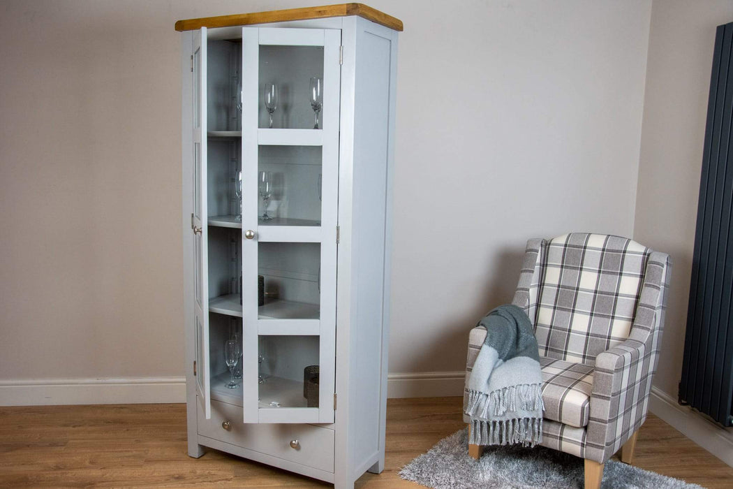 solid oak grey painted glass door display unit shelving bookcase dining living room storage furniture