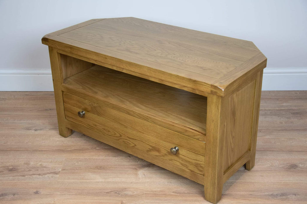 Large solid oak shop corner tv unit