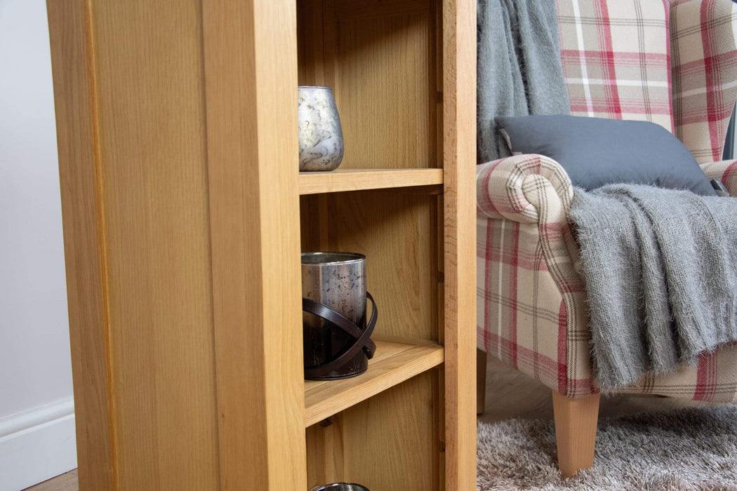 solid oak hall way office living room small slim bookcase shelving unit dvd storage furniture