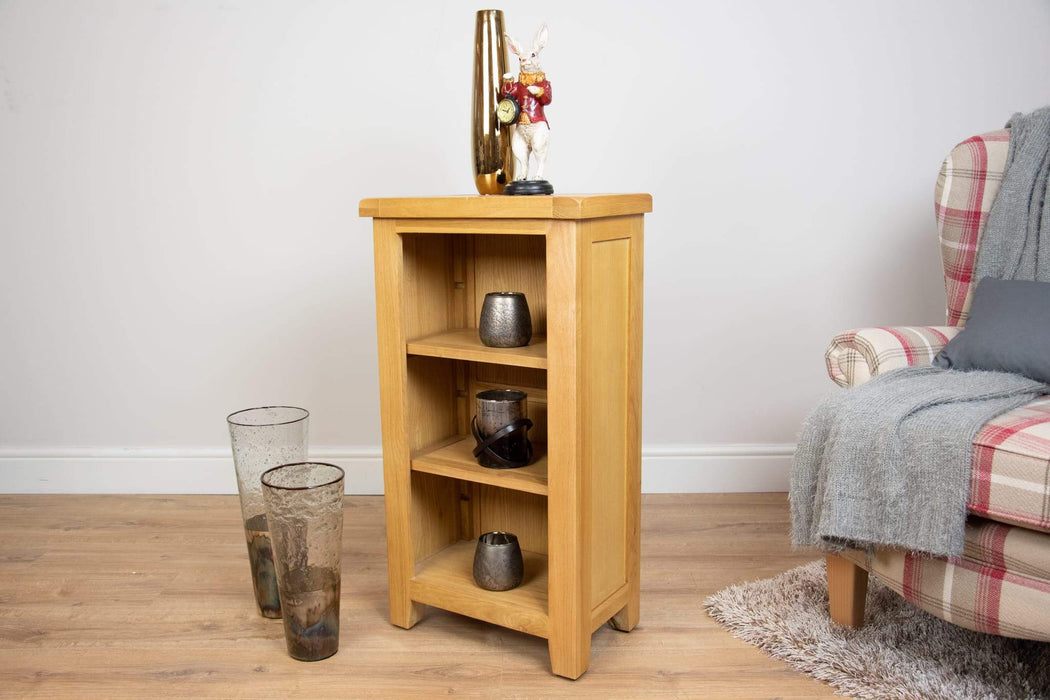 Slim wooden store shelving unit