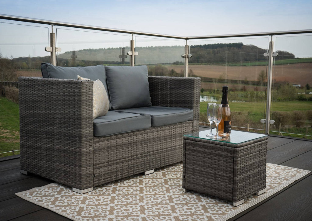 Casa Rattan Grey Compact Outdoor Garden Furniture 2 Seater Sofa With Drinks Table