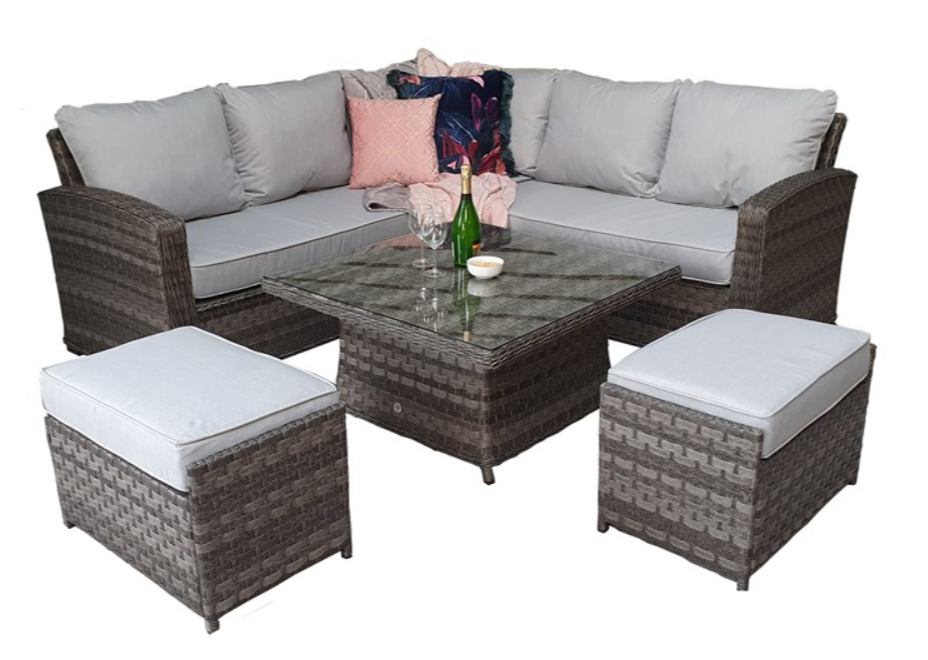 Grace GRAC0313 'Algarve' Square Dark Grey Rattan Corner Sofa Set With Adjustable Rising Table