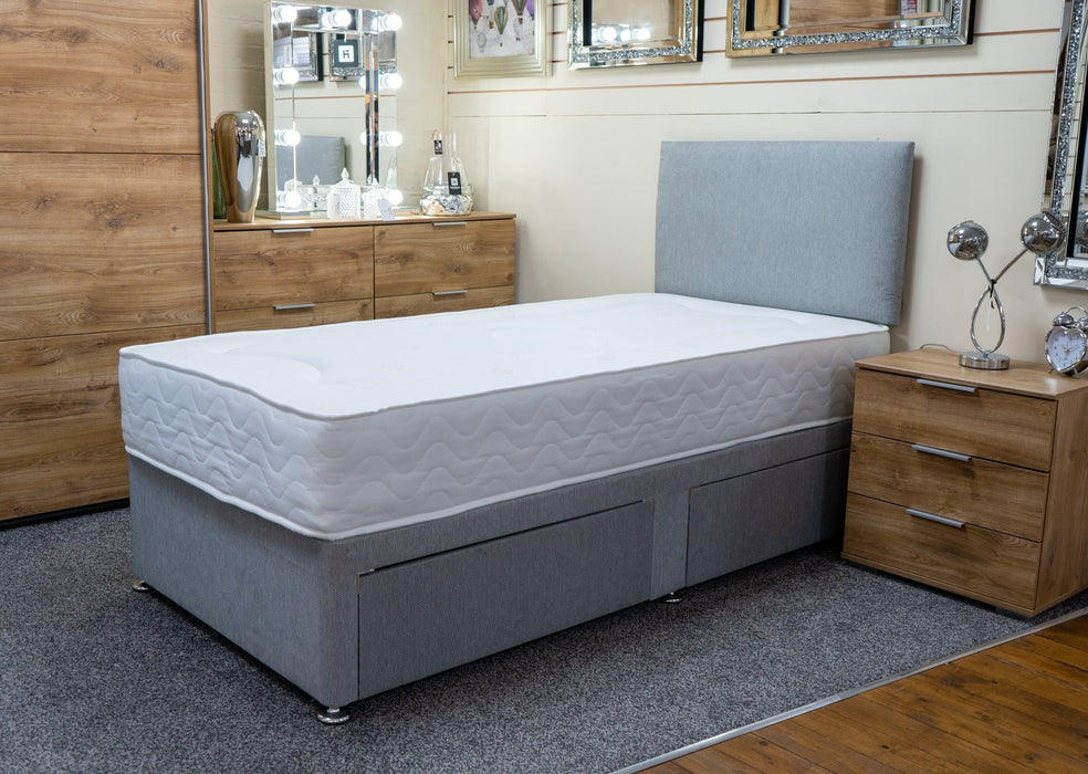 Silver Grey Divan Bed Base and Mattress package including headboard. Beds and Bedroom Furniture Sowroom Shop Store Sedgley, Dudley Wolverhampton Stourbridge West Midlands
