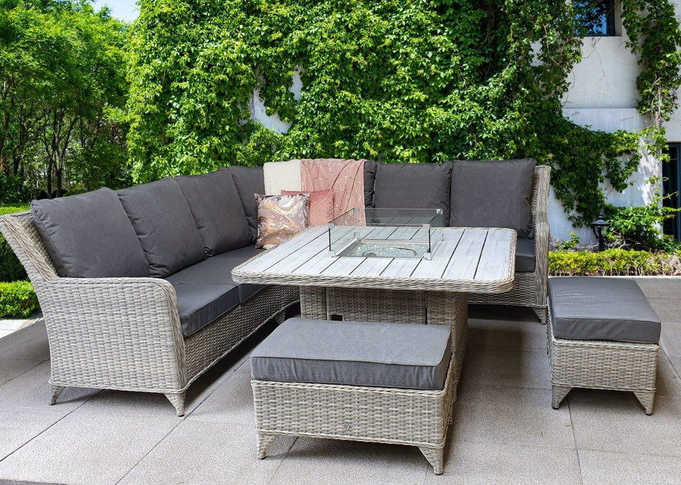 Meghan MEGH0323 'Maldives' Large Luxury Rattan Corner Sofa Set With Fire Pit Table Cream Grey Rattan