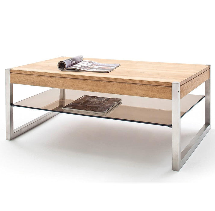 ModaNuvo 'Migel' Modern Solid Oak Coffee Table Glass Shelf Stainless Steel Metal Legs