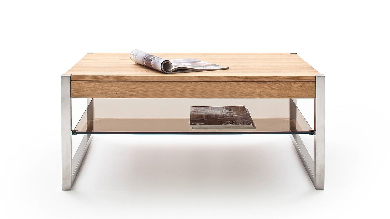 ModaNuvo 'Migel' Modern Solid Oak Coffee Table Glass Shelf Stainless Steel Metal Legs