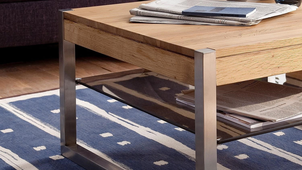 ModaNuvo 'Migel' Modern Solid Oak Coffee Table Glass Shelf Stainless Steel Metal Legs
