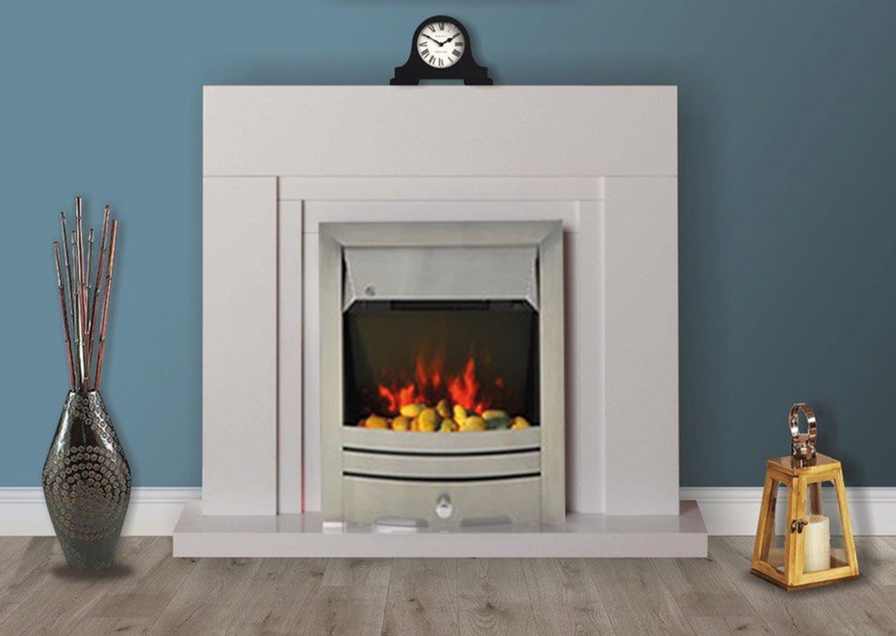 Modern White Flat Wall 2KW Electric Fire Surround Set Complete Fireplace- with Brushed Steel Fire
