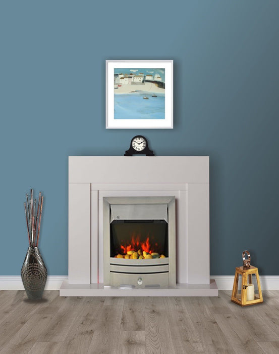 Modern White Flat Wall 2KW Electric Fire Surround Set Complete Fireplace- with Brushed Steel Fire