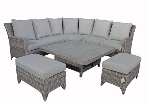 corner sofa rattan garden set with coffee dining table and foot stools'Sorrento' Corner Dining Set In 2 Tone Grey Rattan With Grey Cushions