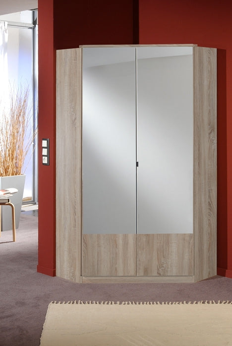 SlumberHaus 'Imago' 7 Door Corner Wardrobe Fitment with Light Oak and Mirror Doors