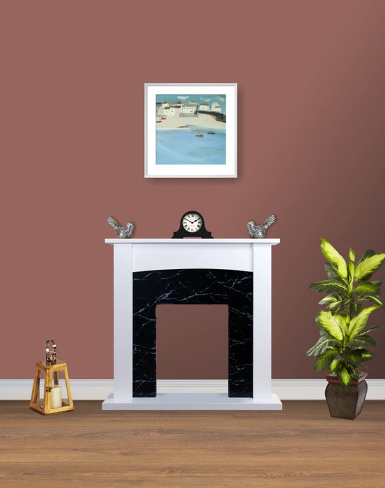 Electric Fire Surround Fireplace White Black Marble Flat Wall 2KW- with No Fire