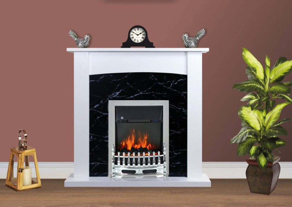 Electric Fire Surround Fireplace White Black Marble Flat Wall 2KW- with Chrome Fire