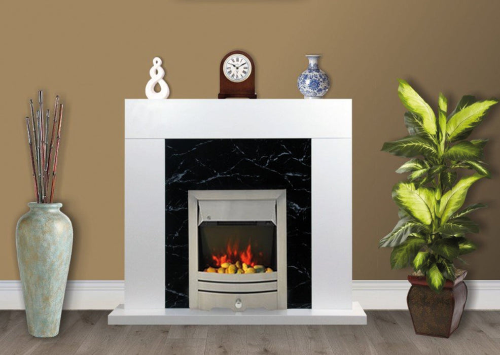 White Black Marble Flat Wall 2KW Electric Fire Surround Set Complete Fireplace- with Brushed Steel Fire