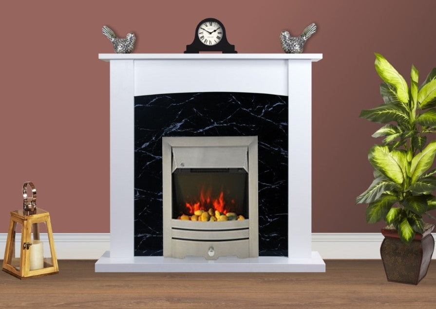 Electric Fire Surround Fireplace White Black Marble Flat Wall 2KW- with Brushed Steel Fire